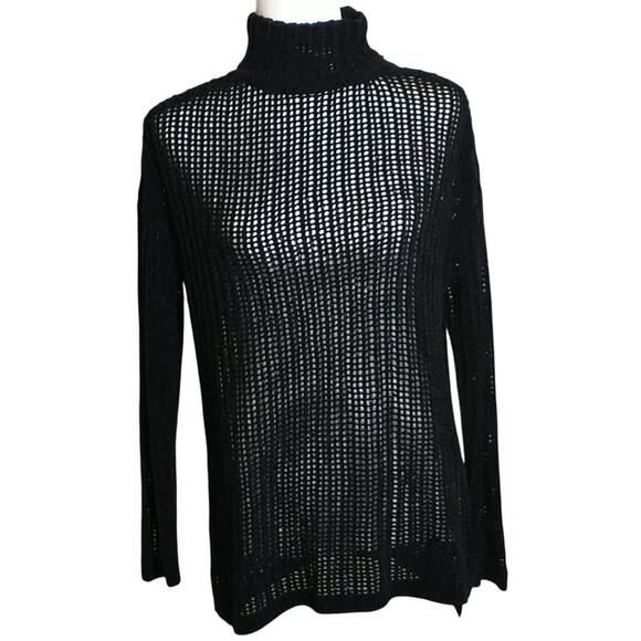 Elie Tahari Open Knit Sweater Women's Sz XS Black Sheer Spilt  Back Pullover Top - Picture 3 of 15